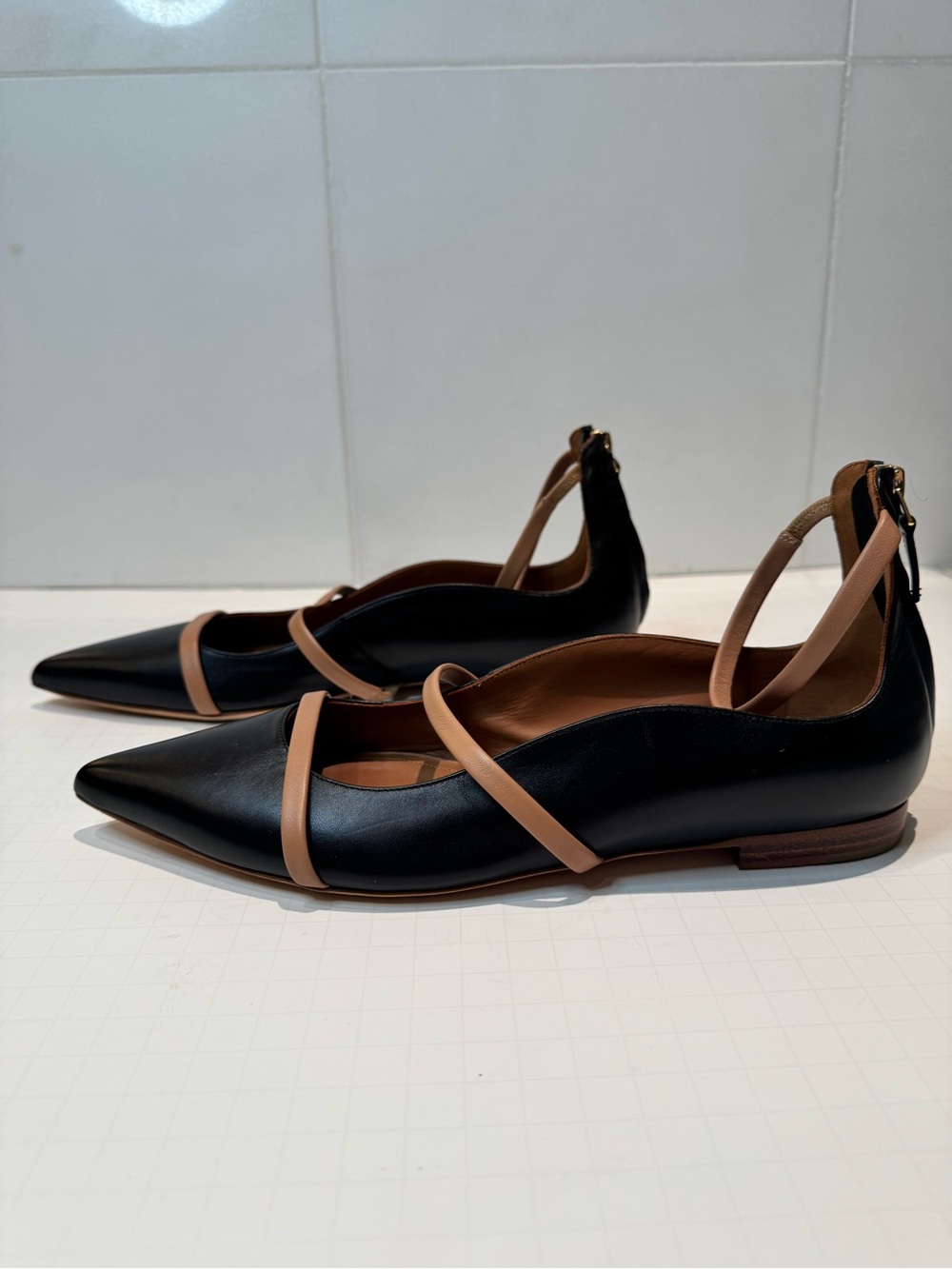 Malone Souliers Black Leather Robyn Ankle Strap Pointed Toe Flats EU 39.5/US 9.5